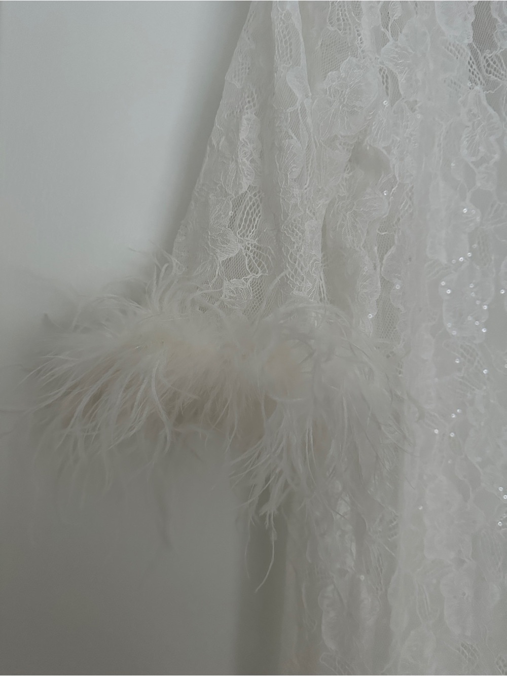 Lace Feather Trim Long Robe - White - Picture 8 of 8